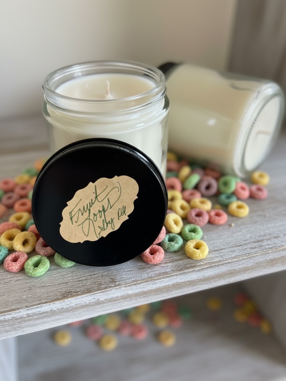 Handmade handpoured Fruit Loops Scented- White 8 oz Soy Jar Candle by Me! 
NWT
